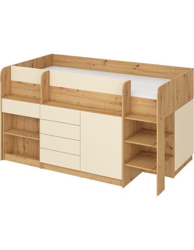 LETTO MOBILE CASSETTIERA CON SCRITTOIO SMILE P 204x 112x112cm LATO DESTRO ROVERE CREMA