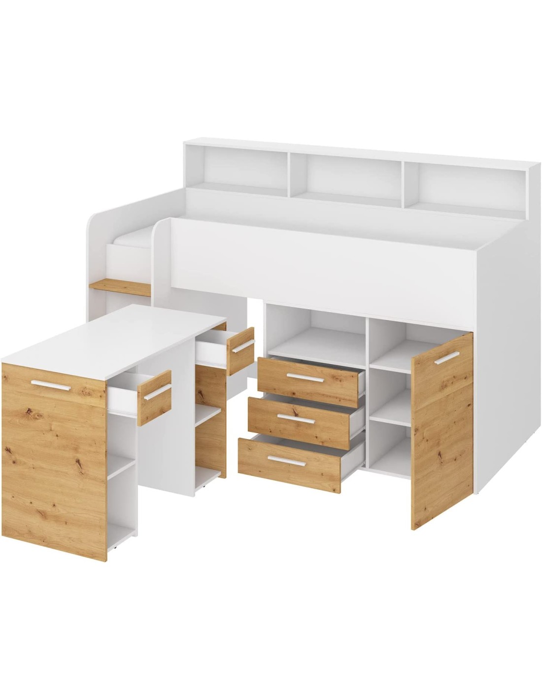 LETTO A CASTELLO SCRIVANIA LIBRERIA BAMBINI NEO L cm206x120x138h BIANCO  ROVERE