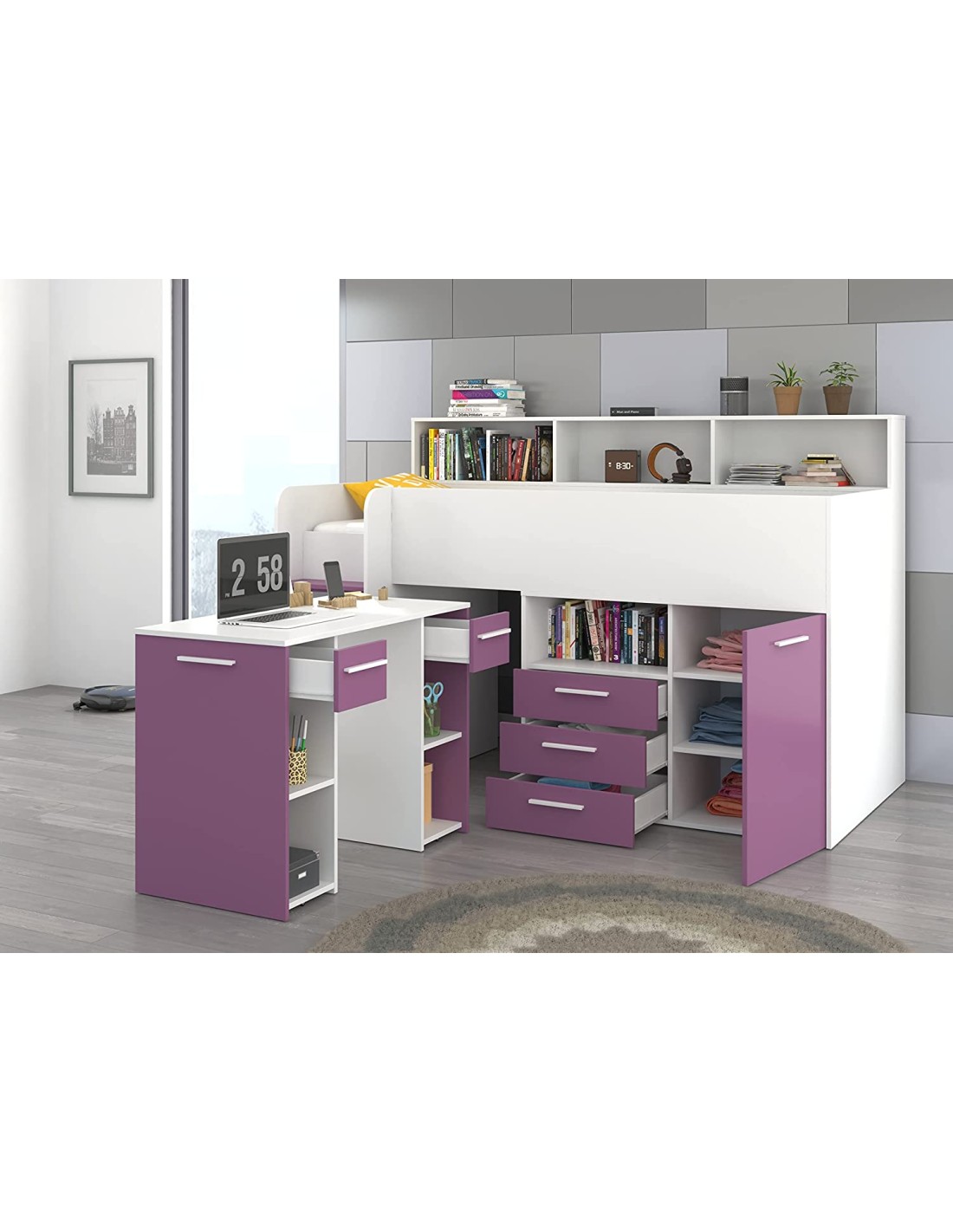 LETTO A CASTELLO SCRIVANIA LIBRERIA BAMBINI NEO L cm206x120x138h BIANCO  LAVANDA