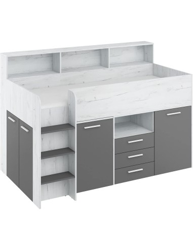 LETTO A CASTELLO SCRIVANIA LIBRERIA BAMBINI NEO L cm206x120x138h BIANCO GRAFITE GREZZO