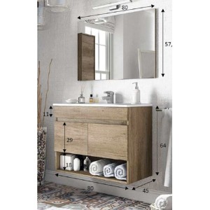 Mobile Bagno cm 80 Rovere venato con lavabo, specchio e colonna inclusi