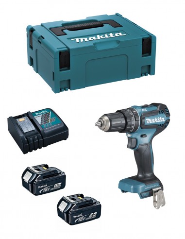 Makita Trapano combinato a batteria + 2 batterie da 5Ah 18V Li-Ion + caricabatteria + valigetta DHP485RTJ