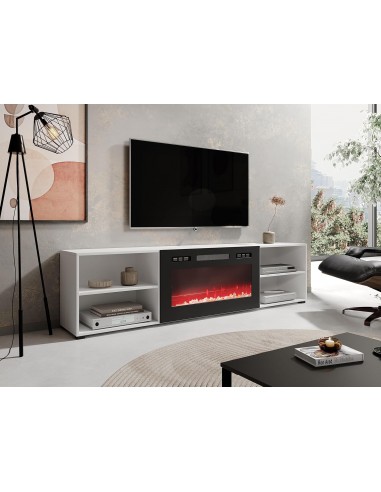 Mobile porta TV soggiorno con caminetto nero ROLLO cm 200x33x48.5h bianco opaco