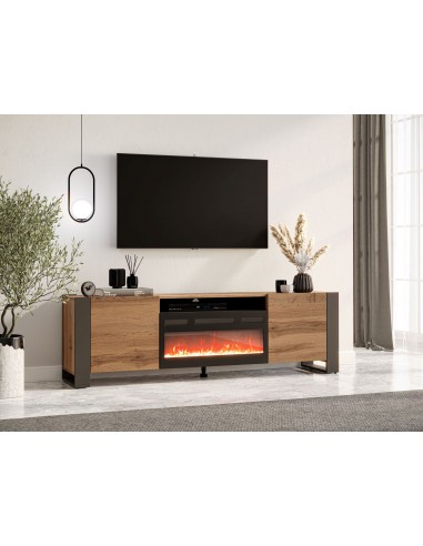 Mobile porta TV soggiorno con caminetto elettrico WOOD cm 196x40x60h Rovere