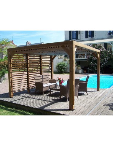 Pergola in Legno Trattato Alta Temperatura con Veneziane Mobili sul Tetto + Parete 341x313xh217