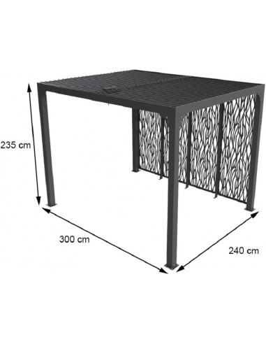 Pergola Foresta gazebo bioclimatico in alluminio, apertura manuale, 240x300 completa di pannelli sul lato da 3 mt