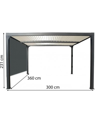 Pergola Foresta bioclimatica gazebo in alluminio, apertura manuale, tetto ecru,360x300 con tenda laterale