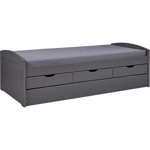 LETTO LENA CON CASSETTI CONTENITORE + SECONDO LETTO AD ESTRAZIONE 90x200 PINO MASSELLO VERNICIATO GRIGIO DOGHE INCLUSE