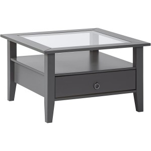 TAVOLINO PROVENCE 75x75x45H PINO MASSELLO VERNICIATO AD ACQUA GRIGIO E TOP VETRO TEMPERATO