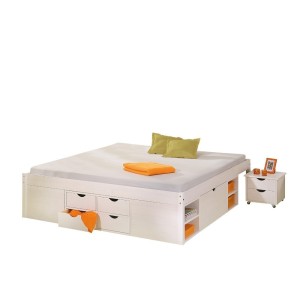 LETTO TILL + VANI CONTENITORE + COMODINO CON RUOTE 146x196x47,5H PINO MASSELLO VERNICIATO AD ACQUA BIANCO DOGHE INCLUSE