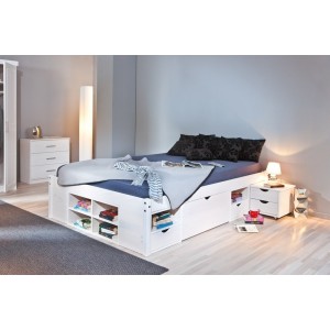 LETTO TILL + VANI CONTENITORE + COMODINO CON RUOTE 146x209x47,5H PINO MASSELLO VERNICIATO AD ACQUA BIANCO DOGHE INCLUSE