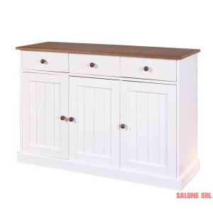 MOBILE SOGGIORNO BUFFET WESTERLAND 3 ANTE+3 CASSETTI 131x45x86H PINO MASSELLO VERNICIATO A ACQUA BIANCO + TOP E FINITURE MARRONE