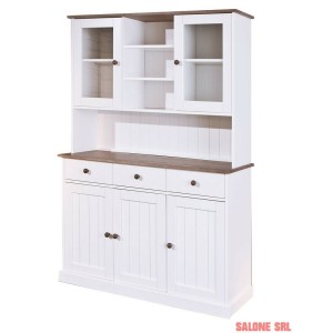 MOBILE SOGGIORNO CREDENZA WESTERLAND 5ANTE+3CASSETTI 131x45x181H PINO MASSELLO VERNICIATO A ACQUA BIANCO +TOP E FINITURE MARRONE