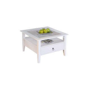 TAVOLINO PROVENCE 75x75x45H PINO MASSELLO VERNICIATO AD ACQUA BIANCO E  TOP VETRO TEMPERATO