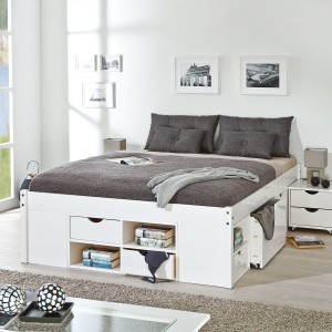 LETTO TILL + VANI CONTENITORE + COMODINO CON RUOTE 166x209x47,5H PINO MASSELLO BIANCO DOGHE INCLUSE