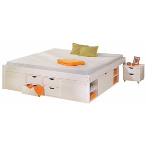 LETTO TILL + VANI CONTENITORE + COMODINO CON RUOTE 166x209x47,5H PINO MASSELLO BIANCO DOGHE INCLUSE