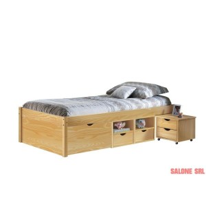 LETTO CON CONTENITORI + COMODINO CLAAS 96x209x47,5H PINO MASSELLO CON DOGHE
