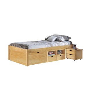 LETTO CON CONTENITORI + COMODINO CLAAS 96x209x47,5H PINO MASSELLO CON DOGHE