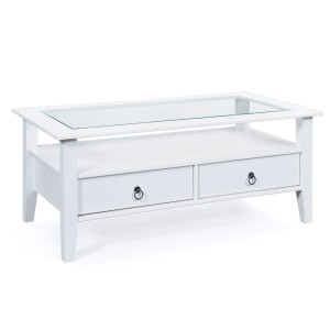 TAVOLINO PROVENCE 7 115x60x45H PINO MASSELLO VERNICIATO AD ACQUA BIANCO E TOP IN VETRO TEMPERATO