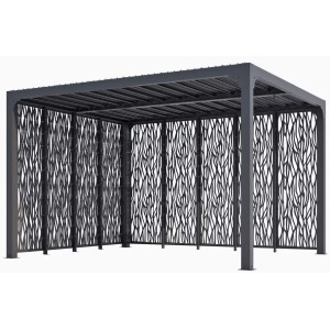 Pergola bioclimatica Foresta gazebo in alluminio, apertura manuale, 360x300 con pannelli laterali su due lati.