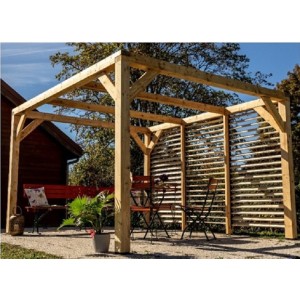 Pergola gazebo Foresta in legno lamellare , parete frangivista con veneziane mobili , dimensioni 339x312X217H