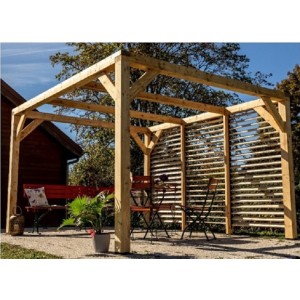 Pergola gazebo Foresta in legno lamellare , parete frangivista con veneziane mobili , dimensioni 339x312X217H