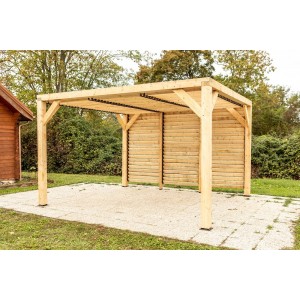 Pergola gazebo Foresta in legno lamellare , tetto e parete frangivista con veneziane mobili , dimensioni 339x312X217H