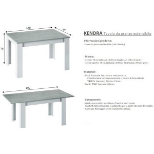 KIT TAVOLO ALLUNGABILE KENDRA CM 90X140/190X78 BIANCO / CEMENTO