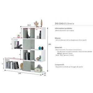KIT LIBRERIA ZIG-ZAG DESIGN  cm 145X29X145H BIANCO/CEMENTO