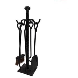 SET ATTREZZI CAMINO IN FERRO BATTUTO BASE QUADRA  H.58