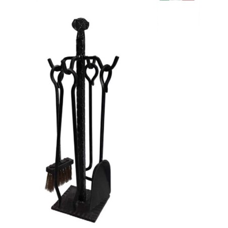 SET ATTREZZI CAMINO IN FERRO BATTUTO BASE QUADRA  H.58