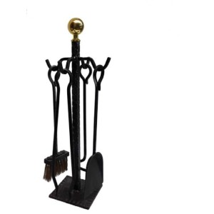 SET ATTREZZI CAMINO IN FERRO BATTUTO POMOLO OTTONE H.58