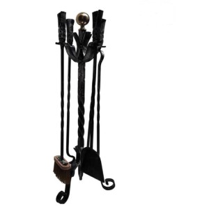 SET ATTREZZI CAMINO IN FERRO BATTUTO POMOLO OTTONE H.80