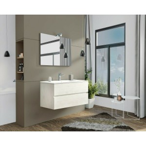 MOBILE BAGNO CON LAVABO E SPECCHIO INCLUSI FINITURA ROVERE BIANCO 105X47X53H Cm