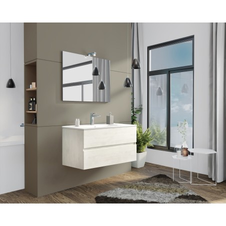 MOBILE BAGNO CON LAVABO E SPECCHIO INCLUSI FINITURA ROVERE BIANCO 105X47X53H Cm