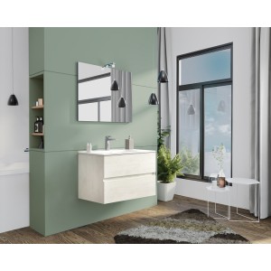 MOBILE BAGNO CON LAVABO E SPECCHIO INCLUSI FINITURA ROVERE BIANCO 81X47X53H Cm