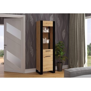 Mobile Credenza Vetrina Nuka Cm 188H x 58 x 45 colore Rovere Rustico e Nero