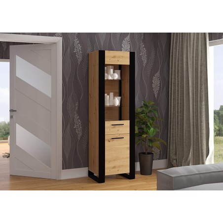 Mobile Credenza Vetrina Nuka Cm 188H x 58 x 45 colore Rovere Rustico e Nero