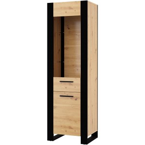 Mobile Credenza Vetrina Nuka Cm 188H x 58 x 45 colore Rovere Rustico e Nero