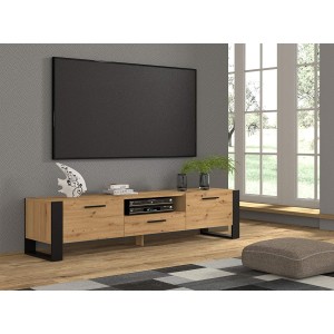 Mobile TV moderno Cm 200x43x48H colore Rovere Rustico piedi e maniglie Nero
