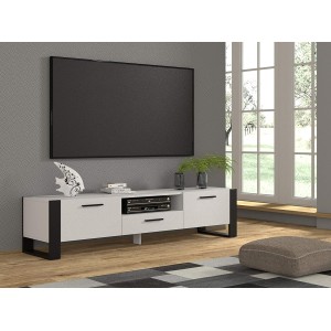 Mobile TV moderno Cm 200x43x48H colore Bianco Opaco piedi e maniglie Nero