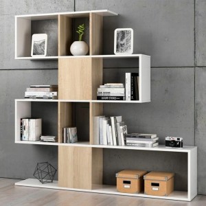 Libreria ZIG-ZAG decorativa e funzionale con cinque scomparti colore bianco con inserti color rovere cm 145 x 145 x 29