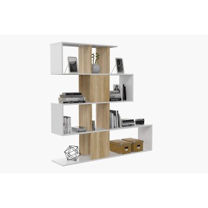 Libreria ZIG-ZAG decorativa e funzionale con cinque scomparti colore bianco con inserti color rovere cm 145 x 145 x 29