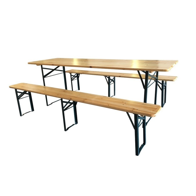 Set birreria in legno tavolo cm.70x220x76h con 2 panche cm.30x220 ripieghevole