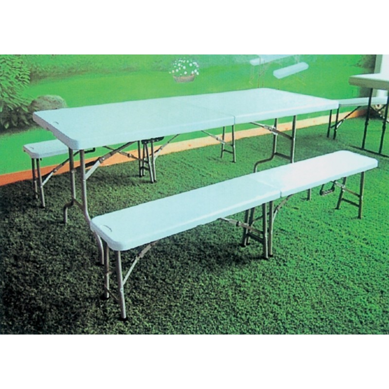Set birreria struttura in acciaio tavolo e 2 panche in polietilene HDPE ripieghevole cm.76x183x74h