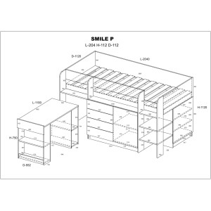LETTO MOBILE CASS. SCRITTOIO SMILE P 204x 112x112cm LATO DESTRO ROVERE BIANCO GREZZO