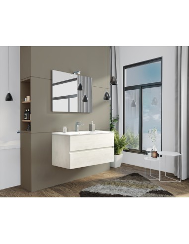 MOBILE BAGNO CON LAVABO E SPECCHIO INCLUSI FINITURA ROVERE BIANCO 105X47X53H Cm