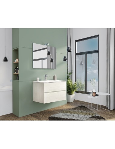 MOBILE BAGNO CON LAVABO E SPECCHIO INCLUSI FINITURA ROVERE BIANCO 81X47X53H Cm