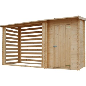 Casetta da Giardino in Legno per Esterni con legnaia 329x122x195H cm Piccola Casetta in Legno, Rimessa Attrezzi, Deposito Bici