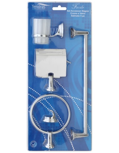 SET ACCESSORI BAGNO IN CROMO/VETRO SATINATO LINEA FACILE 5 PEZZI - 659001